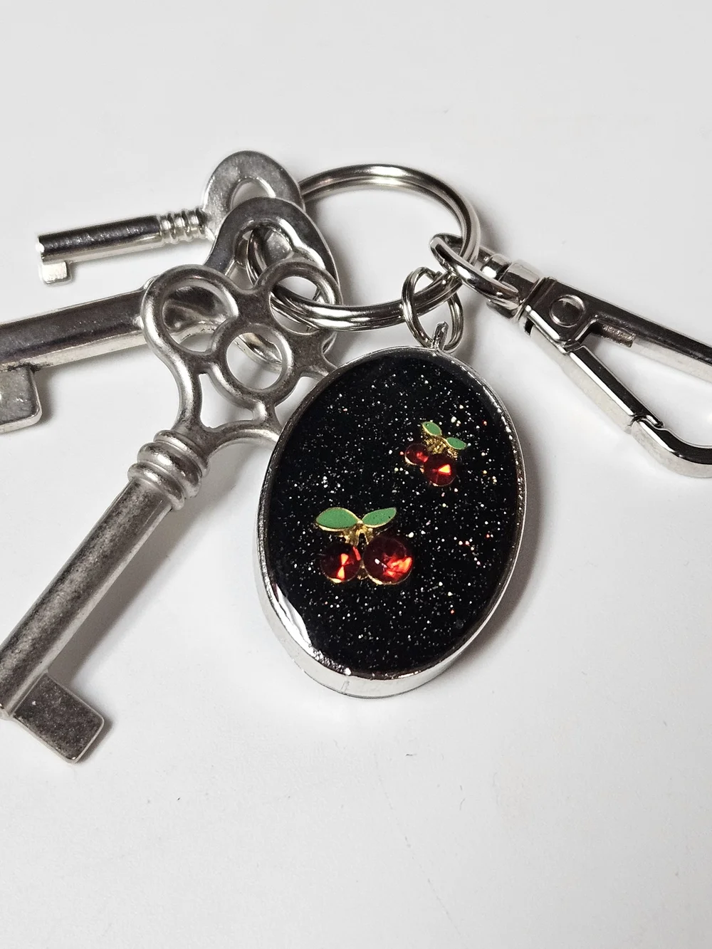 Black Glitter Oval Cherry Keychain Bag Charm